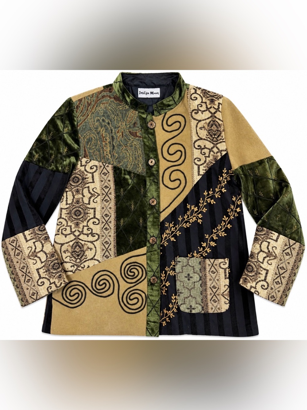 Indigo Moon Patchwork Embroidered Velvet Jacket Boho Art-to-Wear Green Black